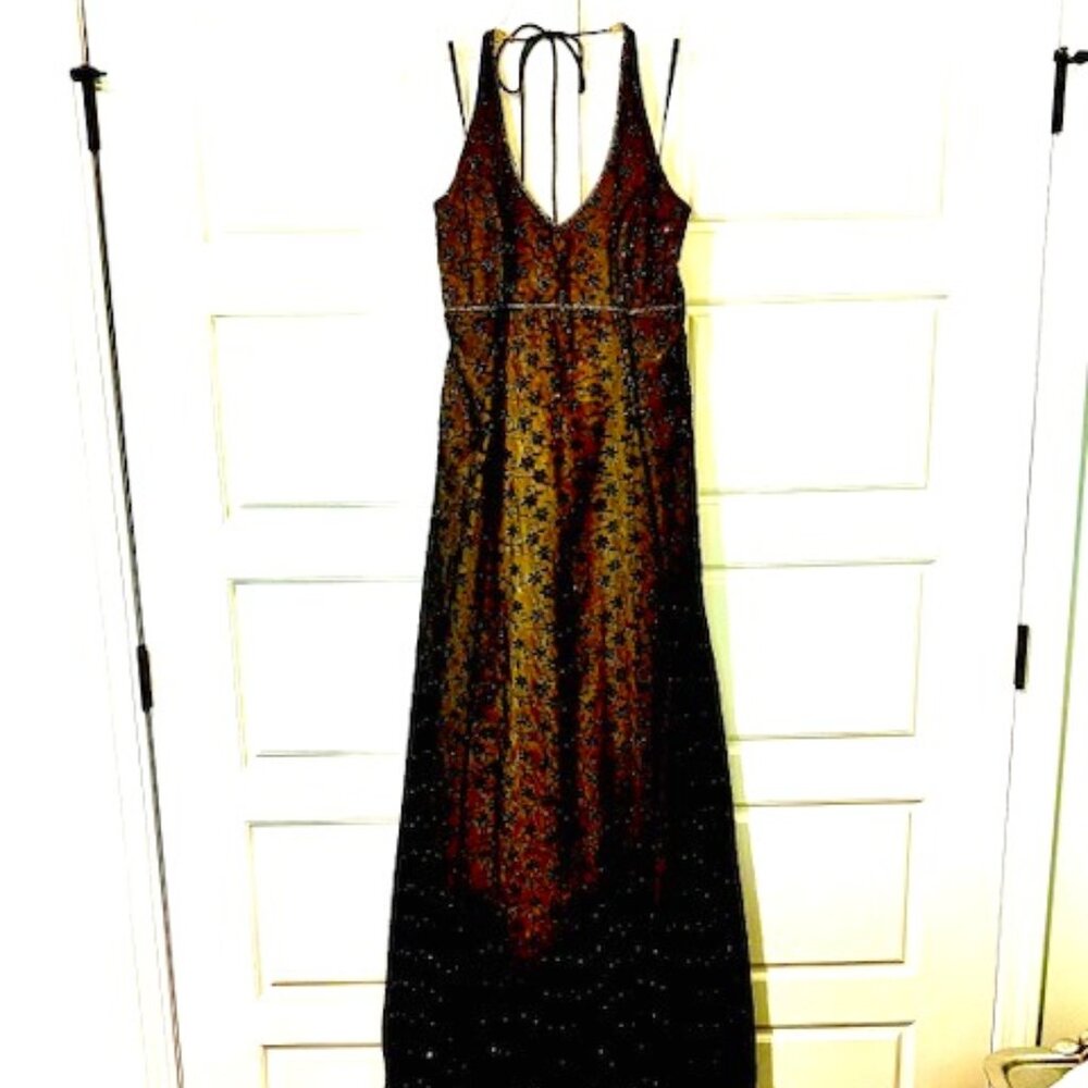 Black & Gold Iridescent Beaded Blondie Nites Felt Long Dress SZ 13 (fits 12/14)